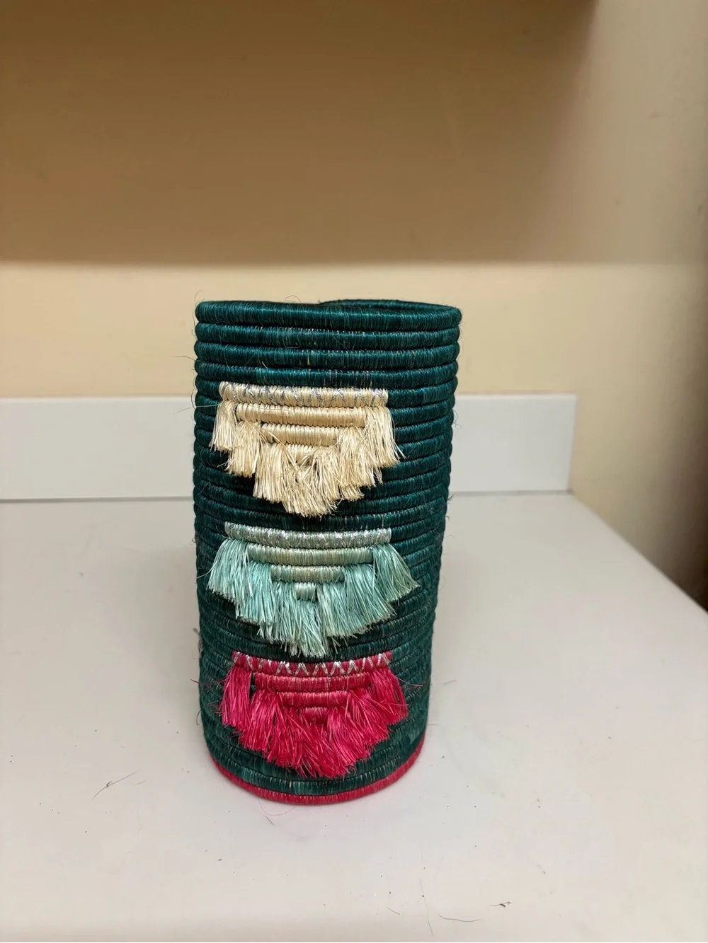 Handwrapped Teal Decorative Vase with Cream, Light Teal & Fuchsia Fringe Accents